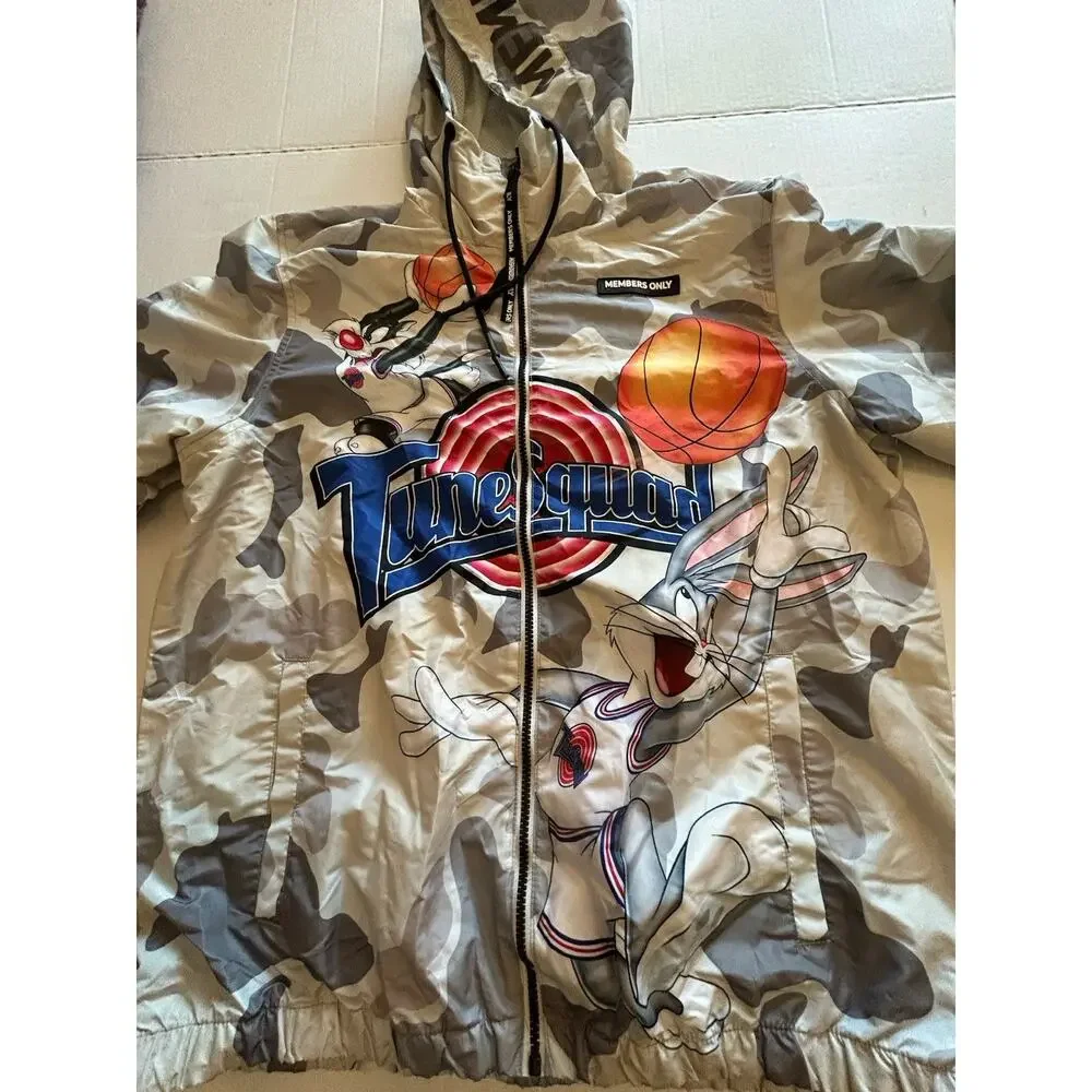 Space Jam Members Only jacket mens Sz Large Tune Squad Windbreaker‎ Gray Camo